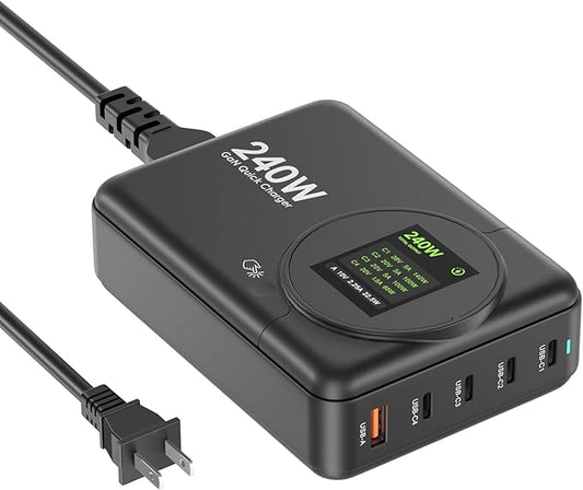 240W GaN Charger, 5-Port USB C Charger with 140W Max PD 3.1 Port, LED Display Desktop Charging Station Adapter for MacBook Pro/Air M3/M2/M1, Laptops, iPhone 15/14, Galaxy S24/S23, iPad, Steam Deck