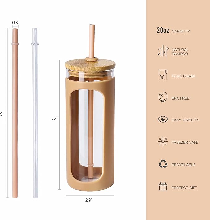 Kodrine 20oz Glass Water Tumbler with Straw and Lid, Bamboo Lids Water Bottle, Iced Coffee Cup Reusable, Wide Mouth Smoothie Cups with Protective Silicone Sleeve BPA FREE-Amber