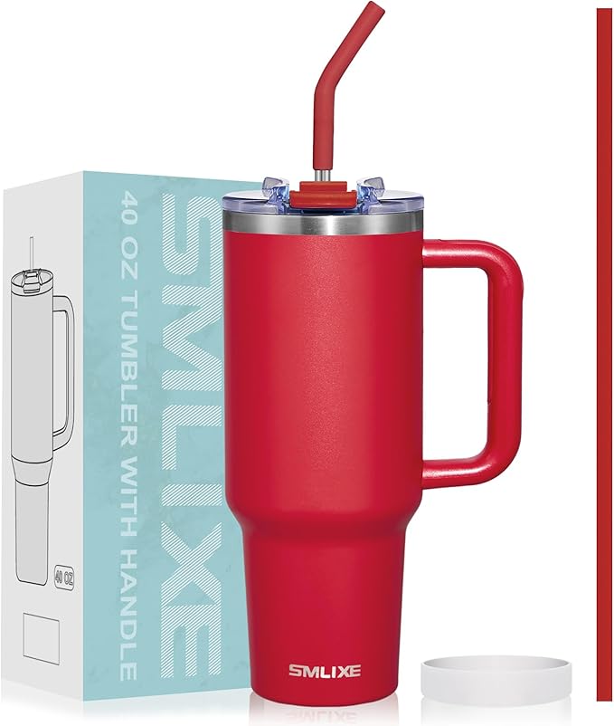 40 oz Tumbler with Handle and Straw Lid,Insulated Reusable Stainless Steel Water Bottle Travel Mug，Cupholder Friendly Double Wall Vacuum Sealed Cup (Cherry Red)