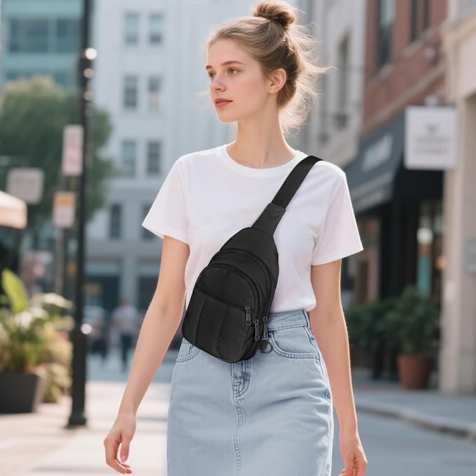 Quilted Puffer Crossbody Bags for Women Small Puffy Sling Bag Lightweight Cross Body Bubble Purse Shoulder Bag for Travel (Black)