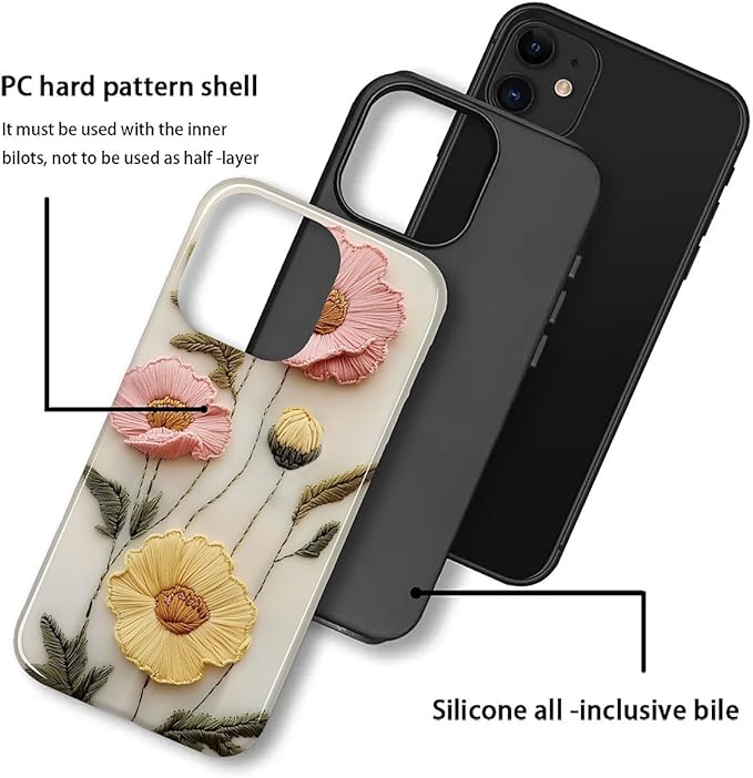Case for iPhone 11 Case,Faux Embroidery Boho Floral Design - Hybrid Dual Protection Silicone + Hard PC Shockproof Full Body Cover Slim Anti-Scratch Protective Case for Men Women