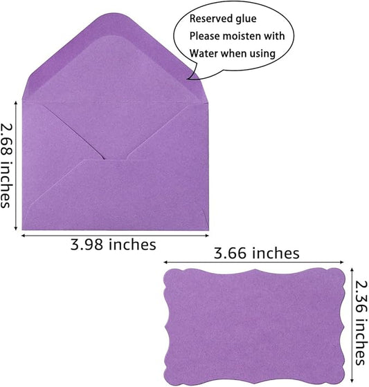 100 Pack Mini Envelopes with Note Cards in 5 Colors for Wedding, Birthday, Baby Showers, 4 x 2.7 Inches (Purple)