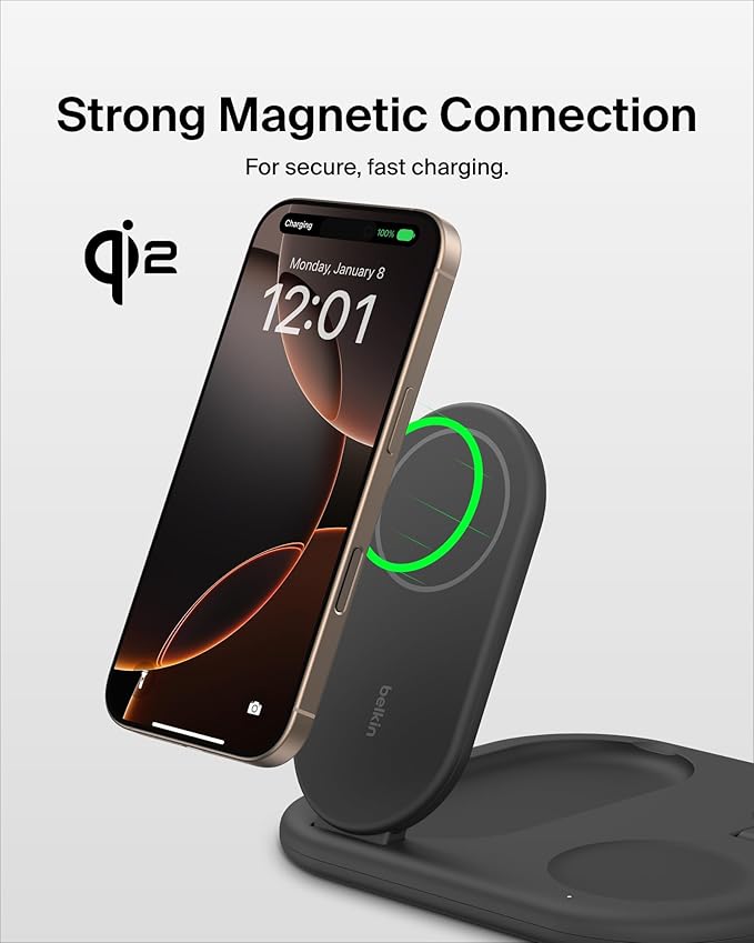 Belkin 3-in-1 MagSafe-Compatible iPhone Charger 15W, Foldable Magnetic Qi2-Certified Wireless Charging Station for iPhone 17, Apple Watch Series 10, AirPods 4, Pixel 10, w/Non-Slip Base & PSU - Black