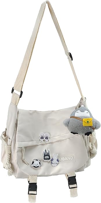 Nylon Messenger Bag Kawaii Crossbody Bag with Cute Pins Aesthetic Shoulder Bag for Women and Men