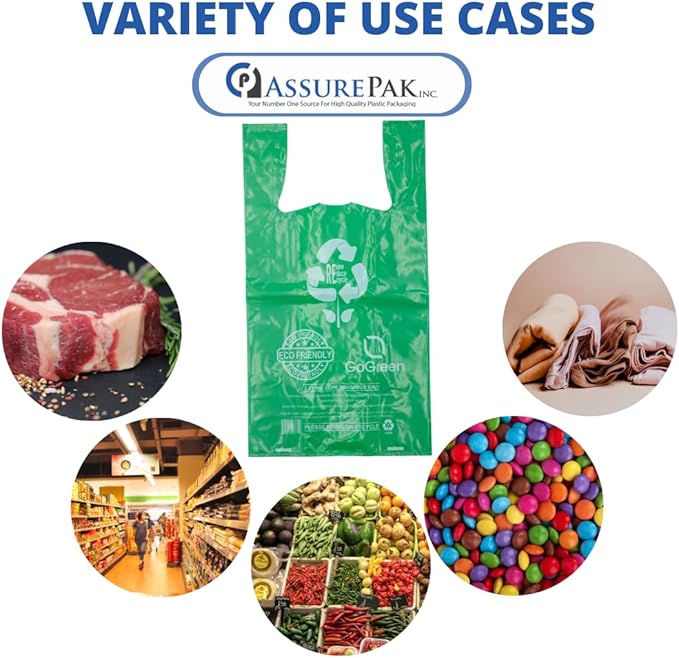 Green Reusable/Eco-Friendly LDPE T-Shirt - 16.5"x7.5"x29" - 180 Bags - 57 Micron (2.25 mil) - Green - GRNLD40REC225REU1729 - AssurePak