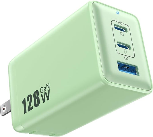128W USB C Wall Charger,GaN III 3-Port Fast Charging Station,PD QC Foldable Charger Block Portable 65W Laptop Adapter for MacBook Pro/Air,iPad Pro,Galaxy S23,Dell XPS 13,iPhone 16/15/Pro etc