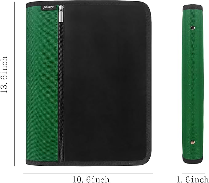 Zipper Binder 1.5 Inch Round 3-Ring Binder, Zippered Grip Pockets Storage Bag Business Office Supplies for Men Women Green