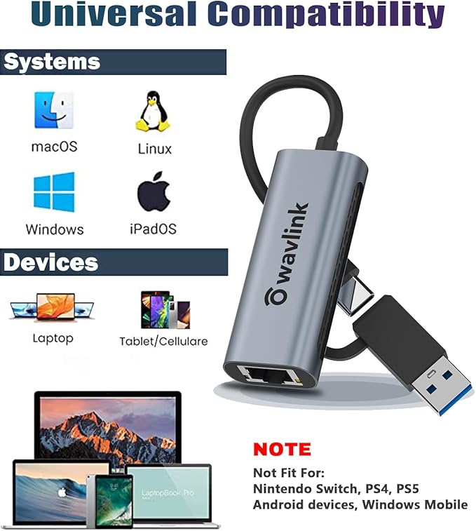 Wavlink USB C to Ethernet Adapter 2.5 Gbps, 2-in-1 USB to 2.5G Ethernet Adapter, USB-C to RJ45 Network Converter (Thunderbolt 4/3 Compatible), Aluminum Case for Windows, Mac OS, iPad OS and More.