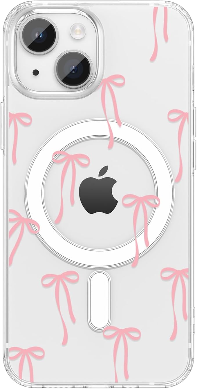 ZTOFERA for iPhone 13/14 Magnetic Case Clear,Cute Love Heart Ribbon Bow Tie Aesthetic Phone Case,Transparent Trendy Slim Soft Shockproof Protective Phone Cover for Women Girls,Pastel Pink
