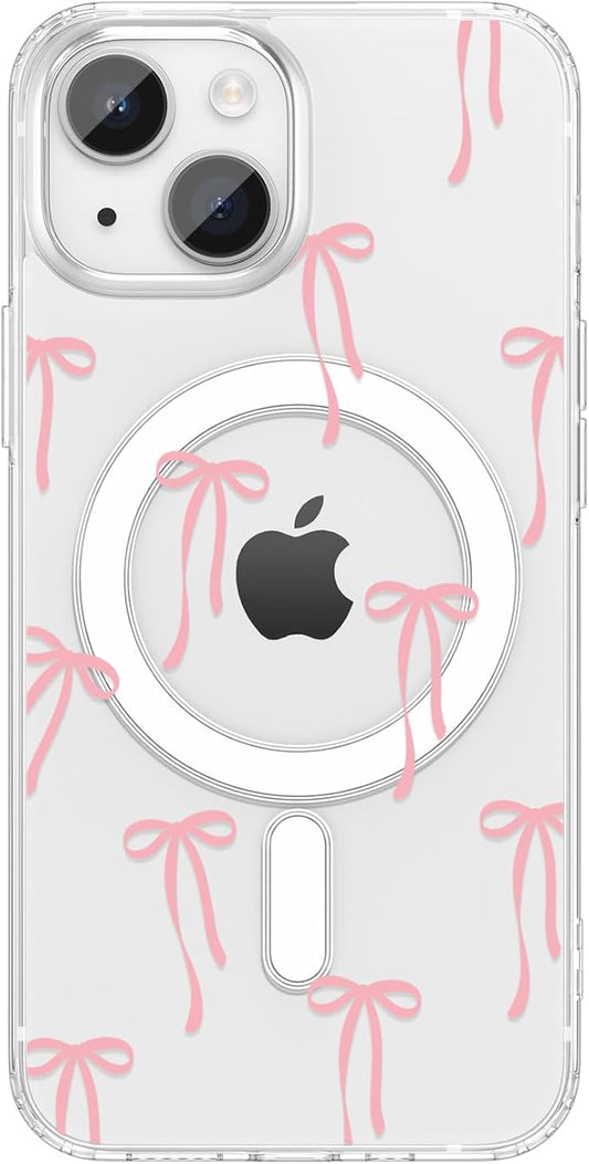 ZTOFERA for iPhone 15 Magnetic Case Clear,Cute Love Heart Ribbon Bow Tie Aesthetic Phone Case,Transparent Trendy Slim Soft Shockproof Protective Phone Cover for Women Girls,Pastel Pink