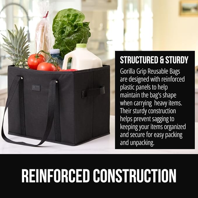 GORILLA GRIP Heavy Duty Foldable Reusable Grocery Bags, 3 Pack, Tear Resistant Box Shape Shopping Tote with Reinforced Handles, Grip Feet, Easily Carry and Transport Groceries, 13x10x11, Black