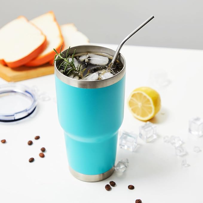 MEWAY 30oz Insulated Tumbler With Lids and Straws,Stainless Steel Double Vacuum Coffee Tumbler Cup, Brush, Durable Powder Coated Coffee Cup for Cold & Hot Drinks, Office, Travel(Light Blue,4 PACK)