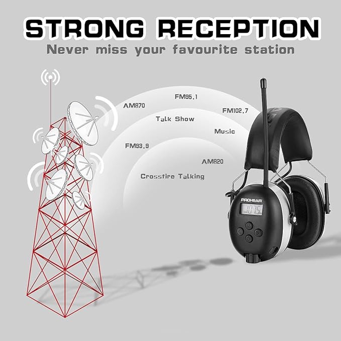 PROHEAR AM FM Digital Ear Protection 25dB NRR Audio Headphones, Noise Reduction Hearing Protection Earmuffs for Lawn Mowing, Workshops, Snowblowing Indoor Outdoor Construction Work - Grey