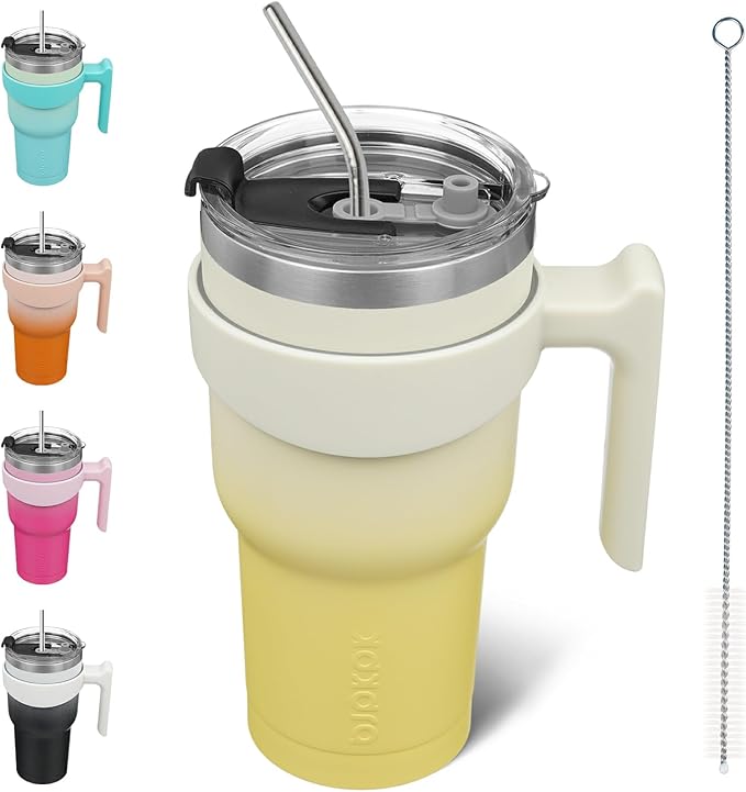 BJPKPK 30oz Tumbler With Handle Insulated Tumbler Cups With Lid And Straw Reusable Stainless Steel Double Wall Travel Mugs,Lemon