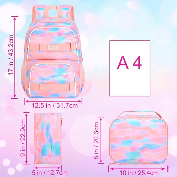 3Pcs Backpack for Girls Boys, 17 Inch School Bookbag with Lunch Box, Durable Laptop Backpacks Set for Teens College