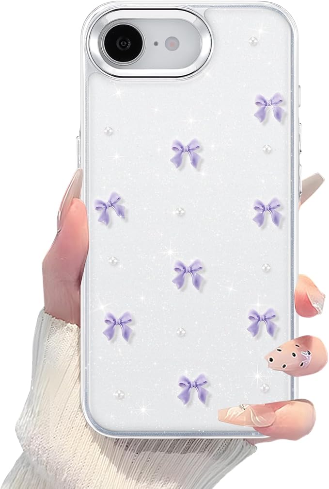 EYZUTAK Case for iPhone 16e, Bling Glitter 3D Bowknot Phone Case Cute Sparkly Crystal Clear Bow Aesthetic Design Cover Slim Soft Durable TPU Transparent Protective Cover for Women Girl - Purple Bow