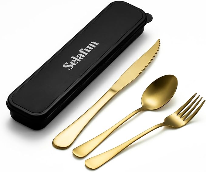 4-pieces Travel Set with Case Portable Silverware Utensils Set for work, Stainless Steel Reusable Flatware Set Cutlery Set for Camping Picnic Hiking Office (6.7inch, Matte Gold)