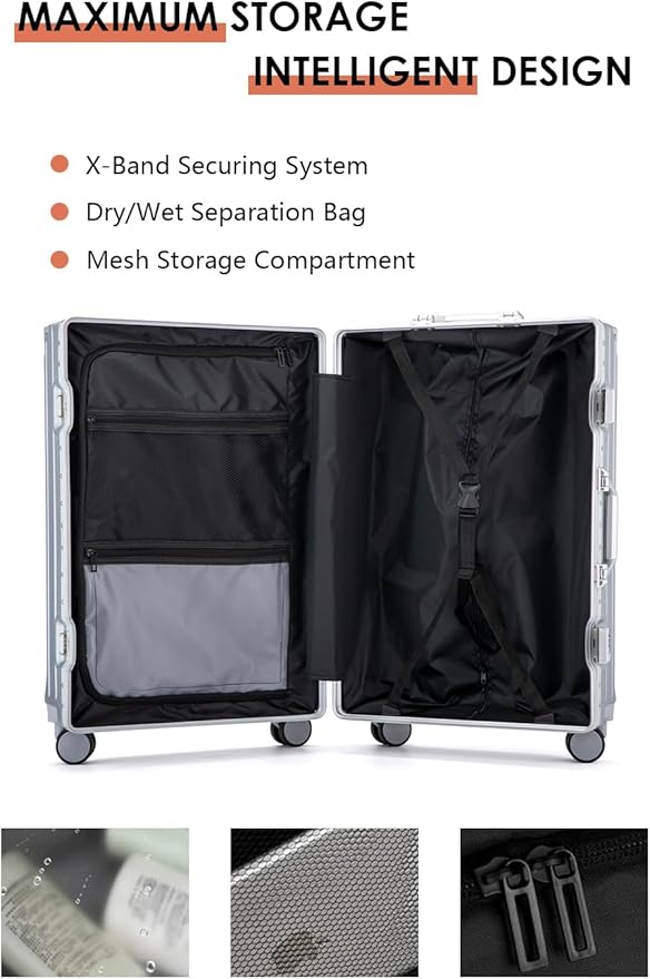 20 Inch PC Hard Shell Carry On Luggage with Aluminum Frame, Grey Suitcase with Cup Holder and USB Port, Zipperless Luggage for Business Travel