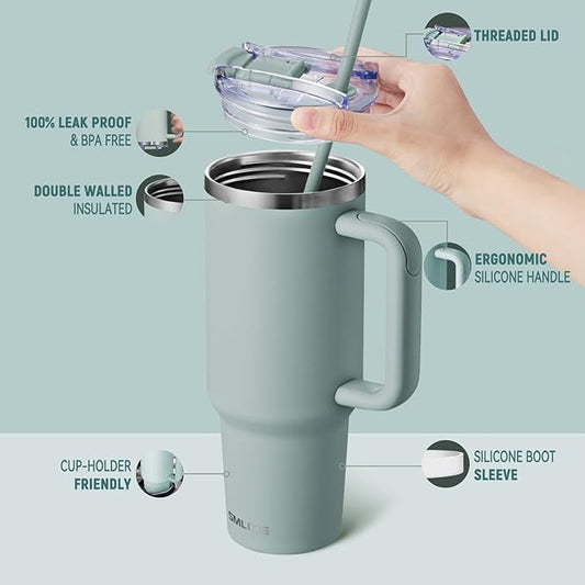 40 oz Tumbler with Handle and Straw Lid,Insulated Reusable Stainless Steel Water Bottle Travel Mug，Cupholder Friendly Double Wall Vacuum Sealed Cup (Shale)