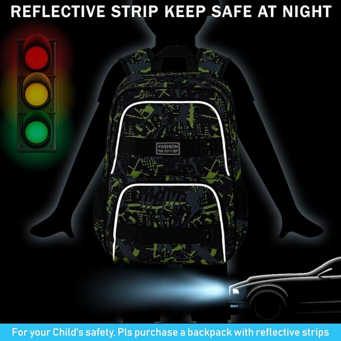 17 Inches Backpack for Boys Men, 3Pcs College Laptop Backpacks Set for Teens Students, Water Resistant Graffiti School Bookbag with Lunch Bag(Green)