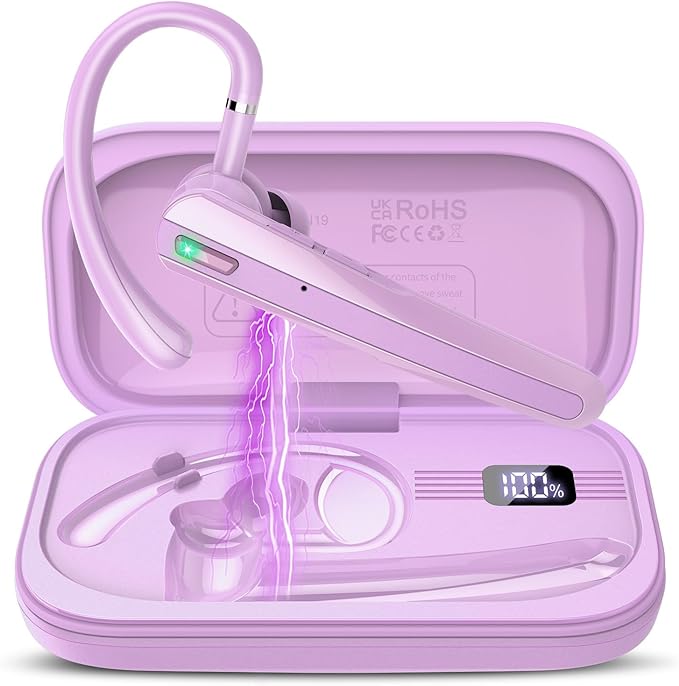 Bluetooth Headset V5.3, Wireless Earpiece with Dual ENC Noise Canceling Mic, 120H Hand-Free Talk Single-Ear Bluetooth Earpiece with LED Display, IP7 Waterproof Headphones for Trucker/Business, Purple