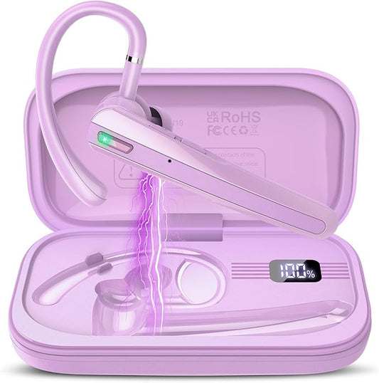 Bluetooth Headset V5.3, Wireless Earpiece with Dual ENC Noise Canceling Mic, 120H Hand-Free Talk Single-Ear Bluetooth Earpiece with LED Display, IP7 Waterproof Headphones for Trucker/Business, Purple