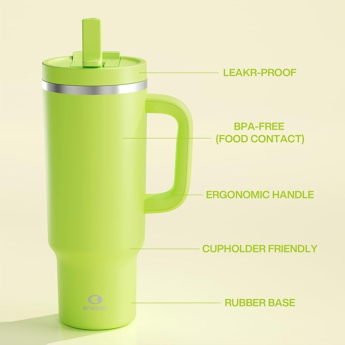 40 oz Tumbler with Handle and Straw: Stainless Steel Insulated Tumbler Keeps Cold for 24 Hours, Leakproof Travel Cup Fits in Cup Holder and BPA-Free, Sharp Green