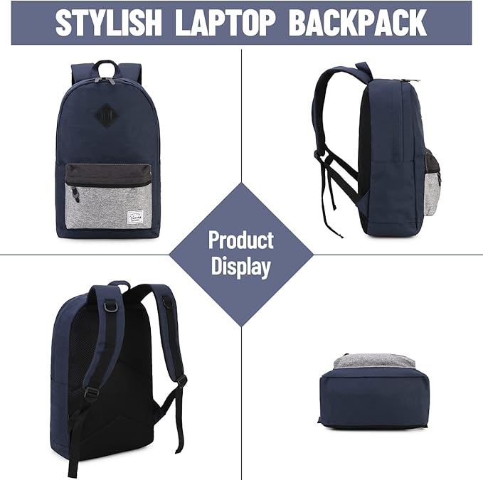 VASCHY Backpack for Men Women, Water-Resistant School Backpack Bookbag Schoolbag Casual Daypack Work Navy