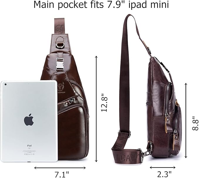 BULLCAPTAIN Men Sling Chest Bag Genuine Leather Casual Multipurpose Crossbody Shoulder Backpack Travel Hiking Daypack (Brown)