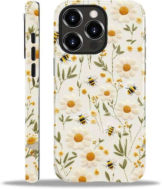 Case for iPhone 15 Pro Case,Bees Sunflowers Design - Hybrid Dual Protection Silicone + Hard PC Shockproof Full Body Cover Slim Anti-Scratch Protective Case for Men Women