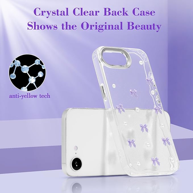 EYZUTAK Case for iPhone 16e, Bling Glitter 3D Bowknot Phone Case Cute Sparkly Crystal Clear Bow Aesthetic Design Cover Slim Soft Durable TPU Transparent Protective Cover for Women Girl - Purple Bow