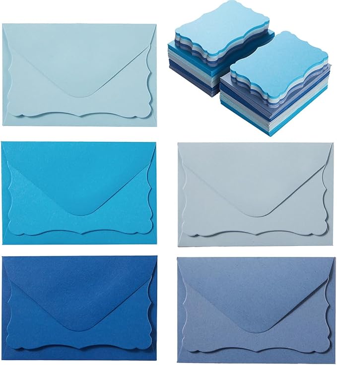 100 Pack Mini Envelopes with Note Cards in 5 Colors for Wedding, Birthday, Baby Showers, 4 x 2.7 Inches (Blue)