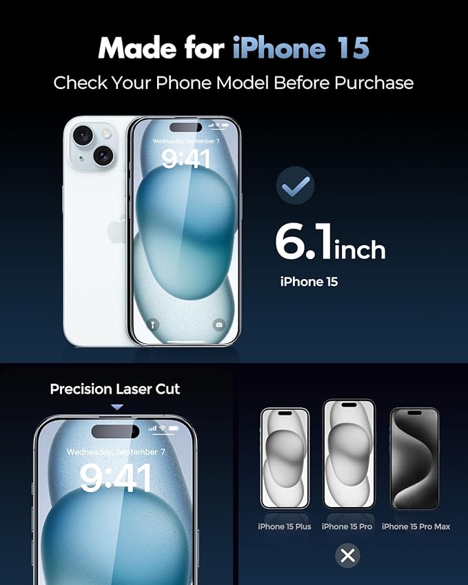 UNBREAKcable 3-Pack Screen Protector for iPhone 15 Tempered Glass - [One-Pull Perfection] [Auto Dust-Elimination] [9H+ Hardness] [99.99% HD Clear] Full Coverage for iPhone 6.1 inch