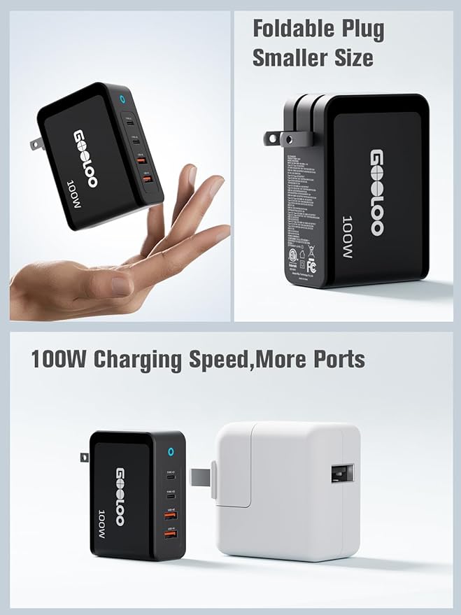 Gooloo 100W USB C Charger Block, 4-Port Foldable Compact Fast Wall Charger for MacBook Pro/Air/iPad/iPhone Series and More, SuperSafe Power Adapter for Gooloo GT4000S/GT3000 Jump Starters