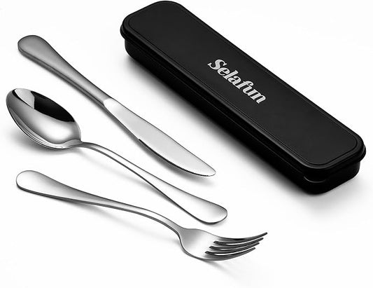 4-Piece Travel Set with Case - Portable Silverware Utensils - Stainless Steel Reusable Flatware - Cutlery Set for Camping, Picnic, Hiking, Office - Dishwasher Safe