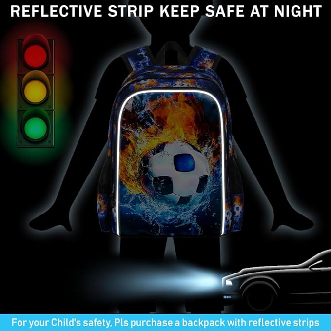 17" Soccer Backpack for Boys, Kids Bookbag with Lunch Box, 3Pcs Football School Backpacks for Elementary Preschool Kindergarten (Fire and Ice)