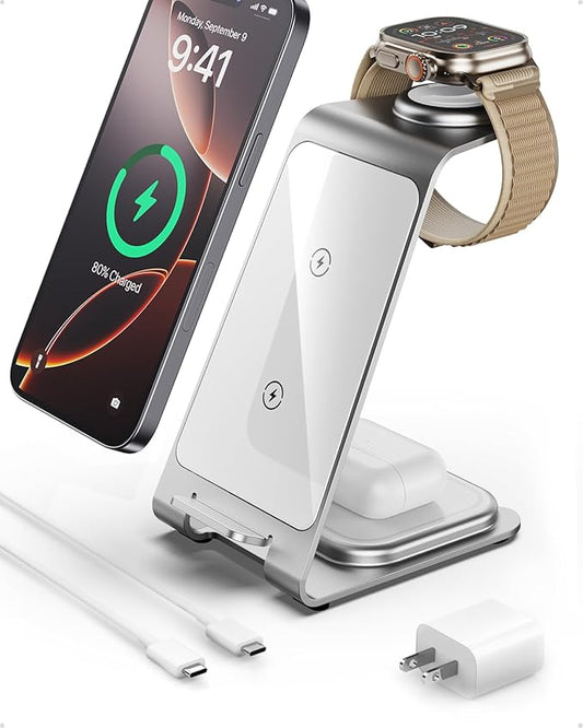 Intoval 3 in 1 Wireless Charging Station for iPhone 16 15 14 13 12 11 X Pro Max, Wireless Charger for Apple Watch Ultra 3 SE 9 8 7 6 5 4 3 2, for AirPods 4 Pro Pro 2 3 (Y93, Silver)