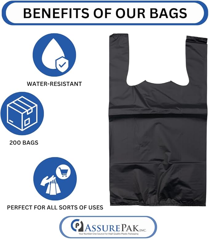 Black Unprinted HDPE T-Shirt Bags - 1/8 BBL 10"X5"X18" - 200 Bags - 30 microns - Black - Perfect for Grocery Shopping and Store Purchases BLK818EHD30M-EO - AssurePak