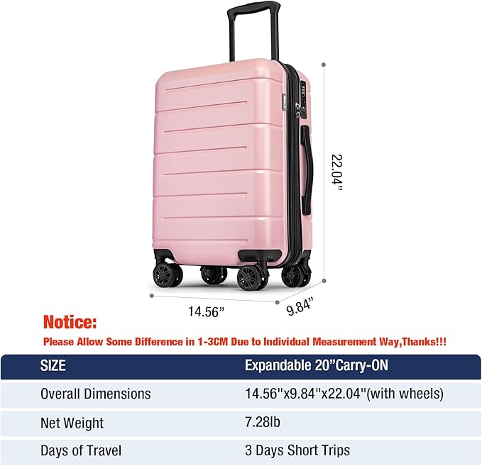 KYME Pink Hardside Expandable Carry On Luggage 22x14x9 Airline Approved 20 Inch Hardshell Carry On Suitcase with Wheels TSA Lock Small Travel Rolling Luggage with Cup Holder for Women