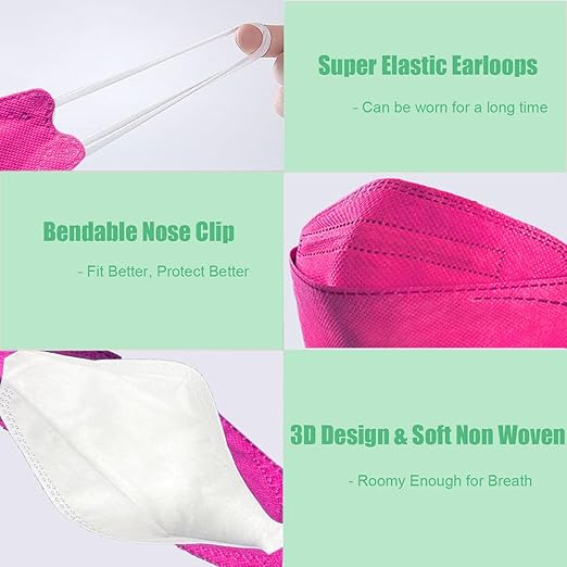 akgk KN95 Face Masks 50 Pack, 5-Ply Disposable Hot Pink Face Mask Against PM 2.5 Smoke and Dust
