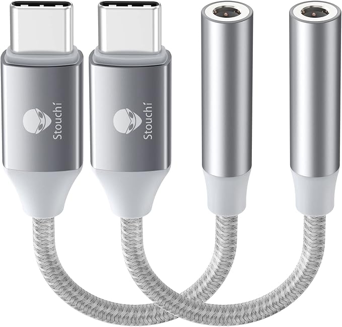 Stouchi USB C to 3.5mm Female Adapter 2 Packs, Type C Headphone Audio Jack Cable Cord Hi-Fi Dongle for Samsung Galaxy S22 S21 Ultra Z Flip Note 20,iPad Mini 6th, Pixel 9/8/7/6a /6 - Silver