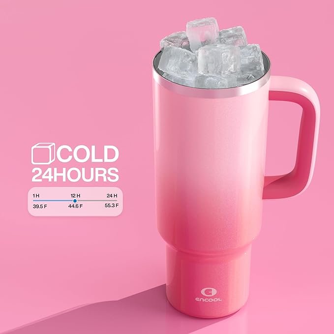 40 oz Tumbler with Handle and Straw: Stainless Steel Insulated Tumbler Keeps Cold for 24 Hours, Leakproof Travel Cup Fits in Cup Holder and BPA-Free, Flamingo