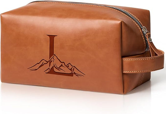 Personalized Gifts Travel Toiletry Bag for Men Engraved Initial PU Leather Waterproof Shaving Bag for Toiletries Accessories Fathers Day Birthday Gift for Men Dad Husband Son, Light Brown L