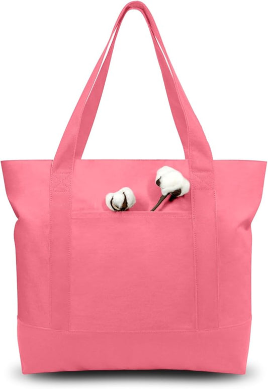 TOPDesign 1-Pack Canvas Tote Bag with an External Pocket, Reusable Grocery Shopping Bag, Top Zipper Closure, Daily Essentials (Rose Pink)