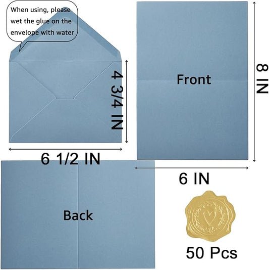 50 Pack Dusty Blue A6 Envelopes with Cards 4x6 Thick Folded Cardstock and Gold Stickers for Greeting Cards, Wedding, Birthday, Invitations, Baby Showers (Dusty Blue, 4x6)