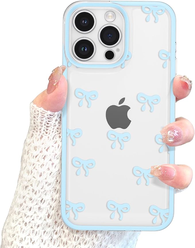 EYZUTAK Case for iPhone 16 Pro, Clear Cute Ribbon Bowknot Pattern Aesthetic Transparent Phone Case Raised Camera Protection Stylish Slim Soft Durable TPU Protective Cover for Women Girls - Blue