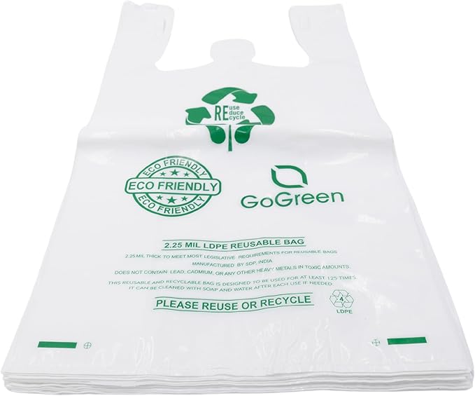 White Reusable/Eco-Friendly LDPE T-Shirt - Super Jumbo 20"x10"x36" - 100 Bags - 57 Micron (2.25 mil) - White - WHLD225MREUSE201036 - AssurePak