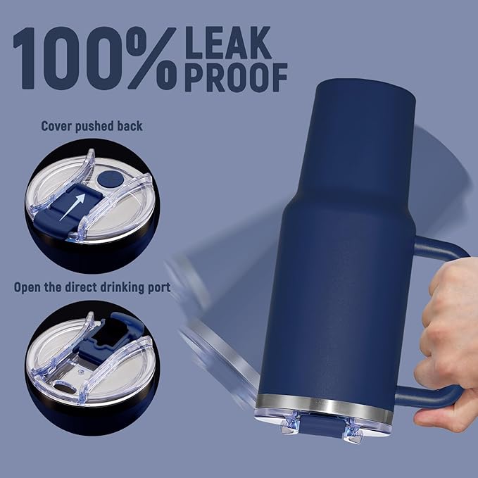 40 oz Tumbler with Handle and Straw Lid,Insulated Reusable Stainless Steel Water Bottle Travel Mug，Cupholder Friendly Double Wall Vacuum Sealed Cup (Navy)