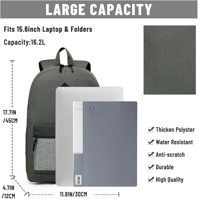 VASCHY Backpack for Men Women, Water-Resistant School Backpack Bookbag Schoolbag Casual Daypack Work Gray