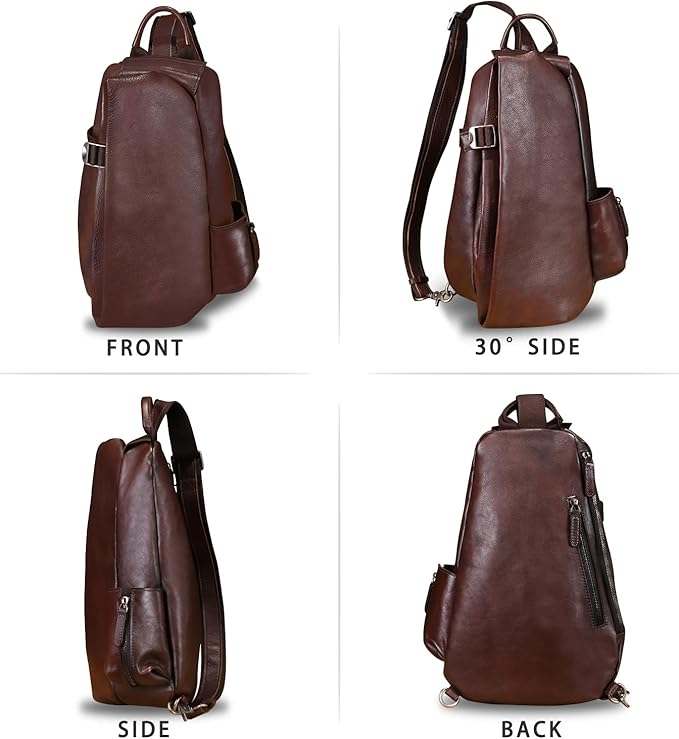 Genuine Leather Sling Bag Crossbody Purse Handmade Hiking Daypack Motorcycle Bag Retro Shoulder Backpack Vintage Chest Pack (Coffee)